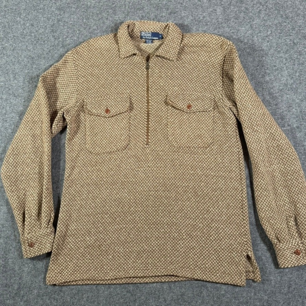 Polo Ralph Lauren Wool Silk Tweed Cotton Half Zip Pullover Shirt Tan USA Small